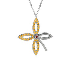 Taşlı Yonca Kolye - Garnet ve sitrin 18 ayar beyaz altın kolye (40 cm beyaz altın rolo zincir) #1iqb9k6
