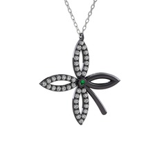 Taşlı Yonca Kolye - Yeşil kuvars ve swarovski 925 ayar siyah rodyum kaplama gümüş kolye (40 cm beyaz altın rolo zincir) #1k6baj6