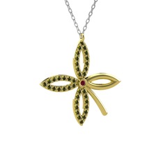 Taşlı Yonca Kolye - Kök yakut ve peridot 14 ayar altın kolye (40 cm gümüş rolo zincir) #1kj92z3
