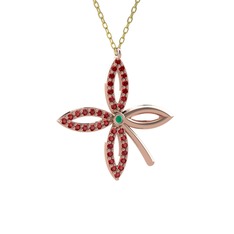 Taşlı Yonca Kolye - Kök zümrüt ve garnet 8 ayar rose altın kolye (40 cm gümüş rolo zincir) #1l3oxza