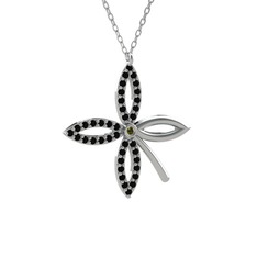 Peridot ve siyah zirkon 18 ayar beyaz altın kolye (40 cm beyaz altın rolo zincir)