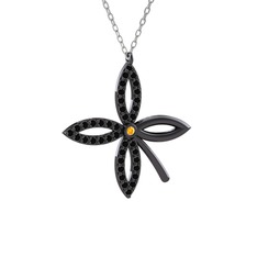 Taşlı Yonca Kolye - Sitrin ve siyah zirkon 925 ayar siyah rodyum kaplama gümüş kolye (40 cm beyaz altın rolo zincir) #1lv0rqe