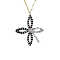 Taşlı Yonca Kolye - Pembe kuvars ve siyah zirkon 925 ayar gümüş kolye (40 cm altın rolo zincir) #1m3jkx5