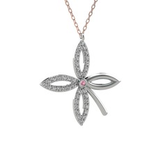 Taşlı Yonca Kolye - Pembe kuvars ve swarovski 925 ayar gümüş kolye (40 cm rose altın rolo zincir) #1mhrp4