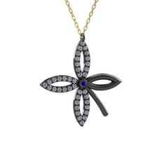 Taşlı Yonca Kolye - Lab safir ve pırlanta 925 ayar siyah rodyum kaplama gümüş kolye (0.429 karat, 40 cm altın rolo zincir) #1mngd7g