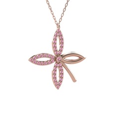 Taşlı Yonca Kolye - Pembe kuvars 8 ayar rose altın kolye (40 cm rose altın rolo zincir) #1myvjyx