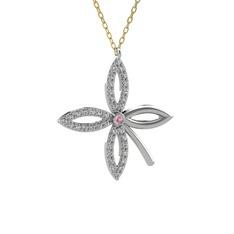 Pembe kuvars ve beyaz zirkon 18 ayar beyaz altın kolye (40 cm altın rolo zincir)