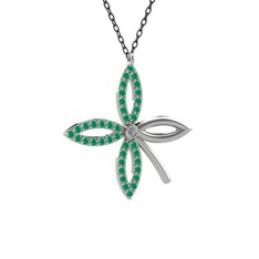 Taşlı Yonca Kolye - Pırlanta ve kök zümrüt 14 ayar beyaz altın kolye (0.015 karat, 40 cm gümüş rolo zincir) #1os1bgy