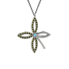 Taşlı Yonca Kolye - Akuamarin ve peridot 14 ayar beyaz altın kolye (40 cm gümüş rolo zincir) #1oy43fj