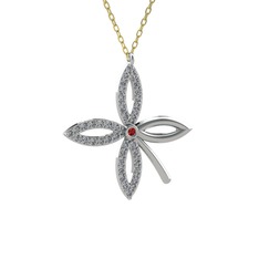 Taşlı Yonca Kolye - Garnet ve pırlanta 18 ayar beyaz altın kolye (0.429 karat, 40 cm altın rolo zincir) #1pxbubc