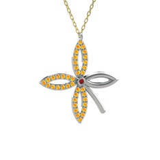 Taşlı Yonca Kolye - Garnet ve sitrin 14 ayar beyaz altın kolye (40 cm altın rolo zincir) #1q0r5k8