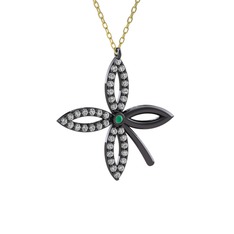 Kök zümrüt ve swarovski 925 ayar siyah rodyum kaplama gümüş kolye (40 cm altın rolo zincir)