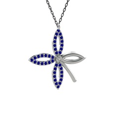 Taşlı Yonca Kolye - Swarovski ve lab safir 14 ayar beyaz altın kolye (40 cm gümüş rolo zincir) #1qo5duy