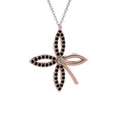 Taşlı Yonca Kolye - Pırlanta ve siyah zirkon 925 ayar rose altın kaplama gümüş kolye (0.015 karat, 40 cm beyaz altın rolo zincir) #1qqv4a5