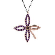 Taşlı Yonca Kolye - Siyah zirkon ve ametist 14 ayar rose altın kolye (40 cm gümüş rolo zincir) #1rdkck