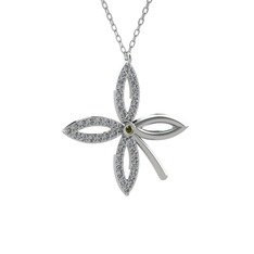 Taşlı Yonca Kolye - Peridot ve pırlanta 8 ayar beyaz altın kolye (0.429 karat, 40 cm gümüş rolo zincir) #1s0lho6