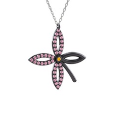 Taşlı Yonca Kolye - Sitrin ve pembe kuvars 925 ayar siyah rodyum kaplama gümüş kolye (40 cm beyaz altın rolo zincir) #1s2ec9g