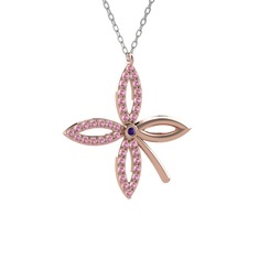 Ametist ve pembe kuvars 18 ayar rose altın kolye (40 cm beyaz altın rolo zincir)