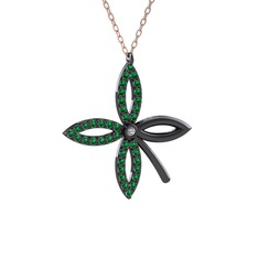 Taşlı Yonca Kolye - Beyaz zirkon ve yeşil kuvars 925 ayar siyah rodyum kaplama gümüş kolye (40 cm rose altın rolo zincir) #1txpnyg