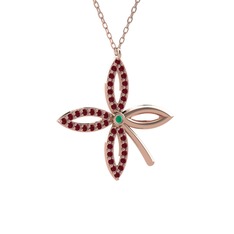 Taşlı Yonca Kolye - Kök zümrüt ve kök yakut 14 ayar rose altın kolye (40 cm rose altın rolo zincir) #1tyxhm7