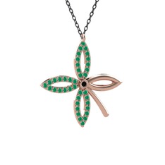 Taşlı Yonca Kolye - Siyah zirkon ve kök zümrüt 14 ayar rose altın kolye (40 cm gümüş rolo zincir) #1vpuxmk