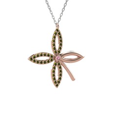 Pembe kuvars ve peridot 18 ayar rose altın kolye (40 cm beyaz altın rolo zincir)