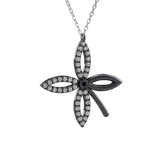 Taşlı Yonca Kolye - Siyah zirkon ve swarovski 925 ayar siyah rodyum kaplama gümüş kolye (40 cm gümüş rolo zincir) #1xbhzgb
