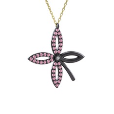 Swarovski ve pembe kuvars 925 ayar siyah rodyum kaplama gümüş kolye (40 cm altın rolo zincir)