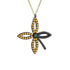 Taşlı Yonca Kolye - Kök zümrüt ve sitrin 925 ayar siyah rodyum kaplama gümüş kolye (40 cm gümüş rolo zincir) #1xpppt4