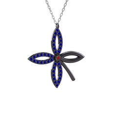 Taşlı Yonca Kolye - Garnet ve lab safir 925 ayar siyah rodyum kaplama gümüş kolye (40 cm beyaz altın rolo zincir) #1xs3na1