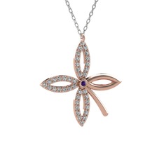 Taşlı Yonca Kolye - Ametist ve swarovski 18 ayar rose altın kolye (40 cm gümüş rolo zincir) #1xx6r9e