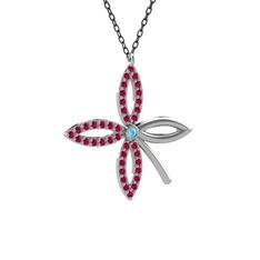 Akuamarin ve rodolit garnet 14 ayar beyaz altın kolye (40 cm gümüş rolo zincir)