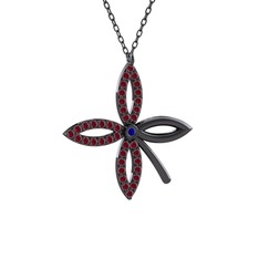 Taşlı Yonca Kolye - Lab safir ve kök yakut 925 ayar siyah rodyum kaplama gümüş kolye (40 cm gümüş rolo zincir) #1ykd6kx