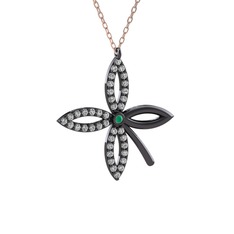 Taşlı Yonca Kolye - Kök zümrüt ve swarovski 925 ayar siyah rodyum kaplama gümüş kolye (40 cm rose altın rolo zincir) #2jvj3e