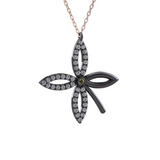 Taşlı Yonca Kolye - Peridot ve pırlanta 925 ayar siyah rodyum kaplama gümüş kolye (0.429 karat, 40 cm rose altın rolo zincir) #2xxs68