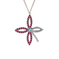 Akuamarin ve rodolit garnet 14 ayar beyaz altın kolye (40 cm rose altın rolo zincir)