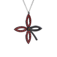 Taşlı Yonca Kolye - Dumanlı kuvars ve garnet 925 ayar siyah rodyum kaplama gümüş kolye (40 cm gümüş rolo zincir) #5lgizh