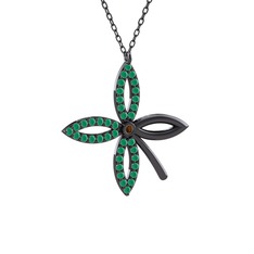 Taşlı Yonca Kolye - Dumanlı kuvars ve kök zümrüt 925 ayar siyah rodyum kaplama gümüş kolye (40 cm gümüş rolo zincir) #6a2fwh