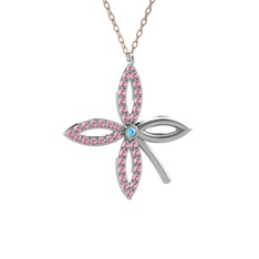 Taşlı Yonca Kolye - Akuamarin ve pembe kuvars 14 ayar beyaz altın kolye (40 cm gümüş rolo zincir) #6jpt0l