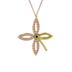 Siyah zirkon ve pembe kuvars 8 ayar altın kolye (40 cm gümüş rolo zincir)