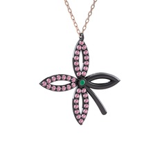 Taşlı Yonca Kolye - Kök zümrüt ve pembe kuvars 925 ayar siyah rodyum kaplama gümüş kolye (40 cm rose altın rolo zincir) #7wegat