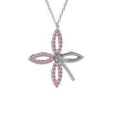 Taşlı Yonca Kolye - Pırlanta ve pembe kuvars 14 ayar beyaz altın kolye (0.015 karat, 40 cm gümüş rolo zincir) #826lds