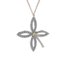 Taşlı Yonca Kolye - Sitrin ve pırlanta 14 ayar beyaz altın kolye (0.429 karat, 40 cm rose altın rolo zincir) #89wj7x