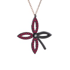 Taşlı Yonca Kolye - Beyaz zirkon ve rodolit garnet 925 ayar siyah rodyum kaplama gümüş kolye (40 cm rose altın rolo zincir) #8he3ws