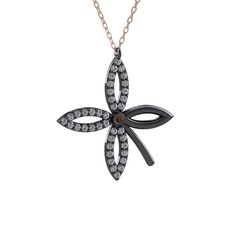 Taşlı Yonca Kolye - Dumanlı kuvars ve pırlanta 925 ayar siyah rodyum kaplama gümüş kolye (0.429 karat, 40 cm rose altın rolo zincir) #8ycgdr