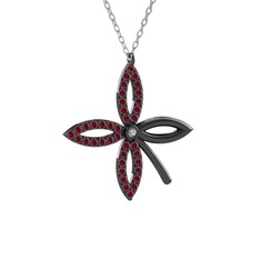 Taşlı Yonca Kolye - Swarovski ve kök yakut 925 ayar siyah rodyum kaplama gümüş kolye (40 cm beyaz altın rolo zincir) #93zmz0
