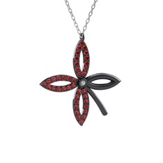 Taşlı Yonca Kolye - Swarovski ve garnet 925 ayar siyah rodyum kaplama gümüş kolye (40 cm beyaz altın rolo zincir) #9fxfsb