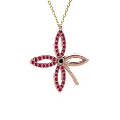 Taşlı Yonca Kolye - Siyah zirkon ve rodolit garnet 14 ayar rose altın kolye (40 cm gümüş rolo zincir) #9kw6ym