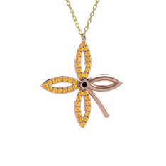Taşlı Yonca Kolye - Siyah zirkon ve sitrin 18 ayar rose altın kolye (40 cm altın rolo zincir) #bgqb7v