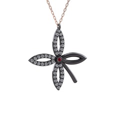 Taşlı Yonca Kolye - Kök yakut ve pırlanta 925 ayar siyah rodyum kaplama gümüş kolye (0.429 karat, 40 cm rose altın rolo zincir) #dp6n6y